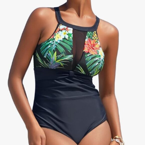 I2Crazy Other - Tropical Tummy Control One Piece Swimsuits Mesh V Neck Bathing Suit XXL